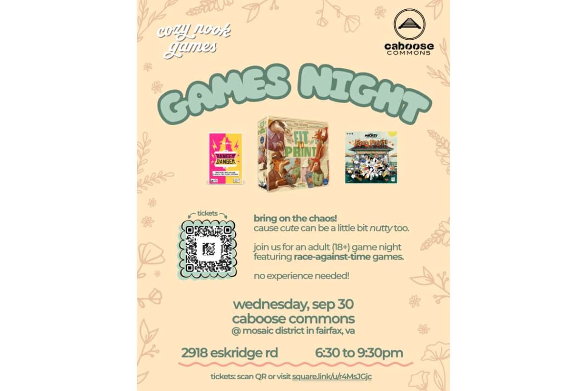 Poster for Games Night at Caboose Commons with three board game images, a QR code, and event details: Wed Sep 30, 6:30–9:30pm at 2918 Eskridge Rd, Fairfax, VA (adult game night).