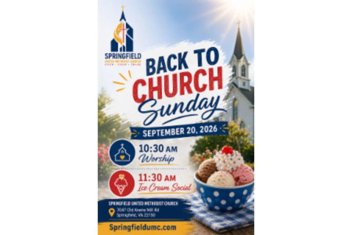Poster for Springfield United Methodist Church: "Back to Church Sunday" on Sept 20, 2026, with 10:30 AM Worship and 11:30 AM Ice Cream Social; image shows a church steeple and a bowl of colorful ice cream.