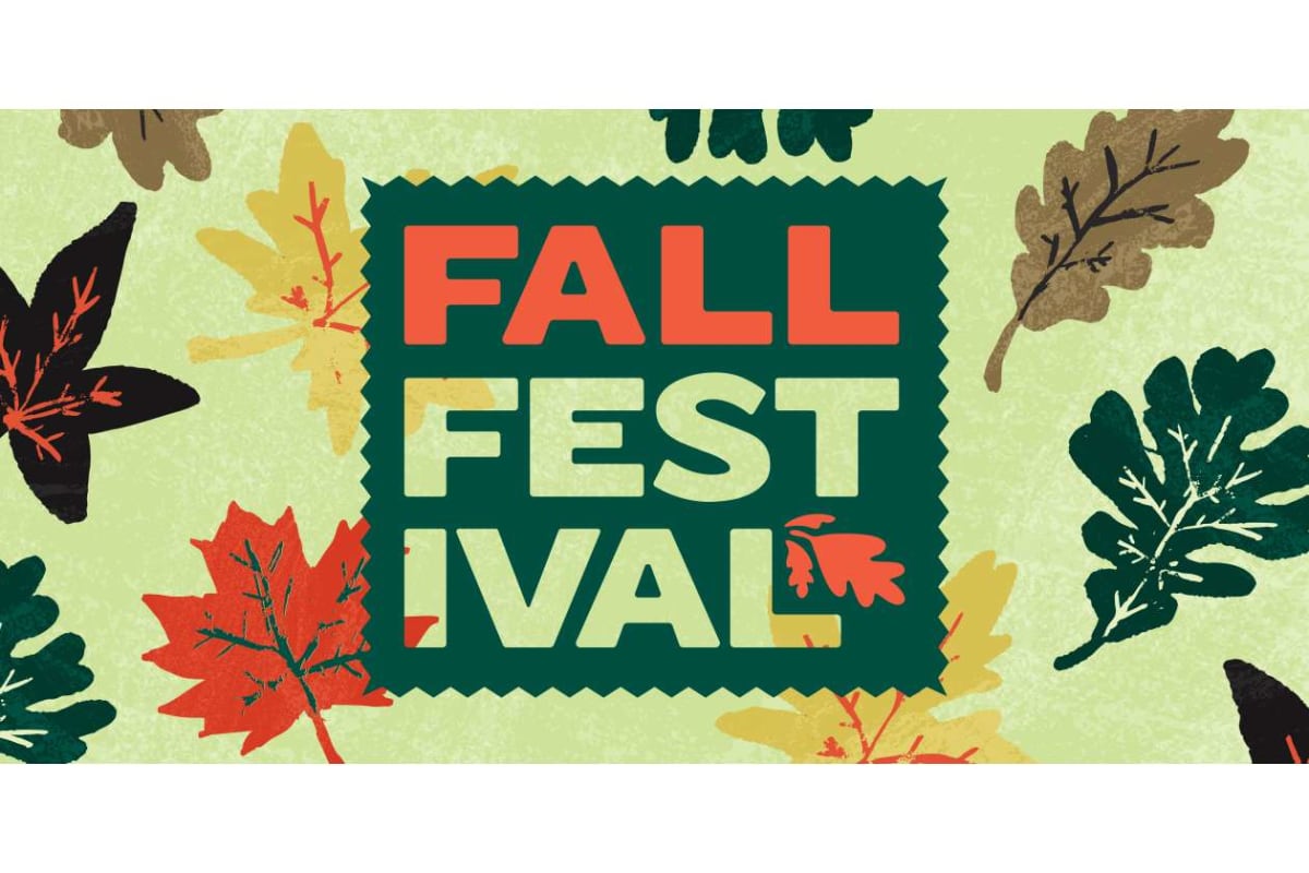 Fall Festival banner with colorful autumn leaves and bold text announcing the event.