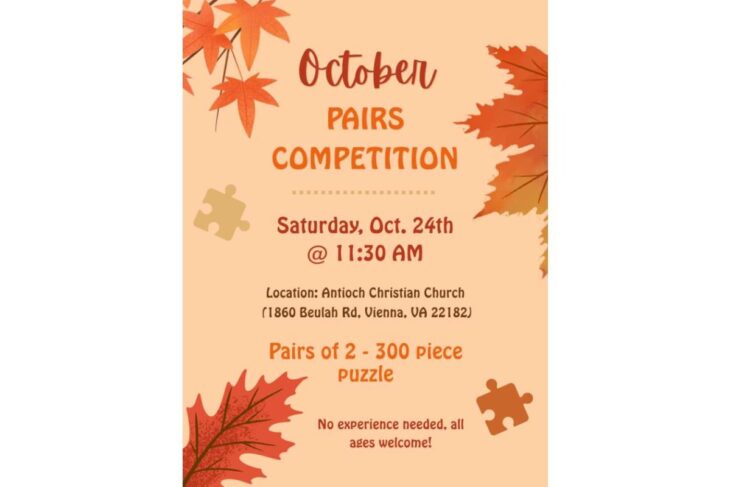 Autumn-themed poster for October Pairs Competition: Oct 24, 11:30 AM, Antioch Christian Church, Vienna VA; 2–300 piece puzzle; all ages.