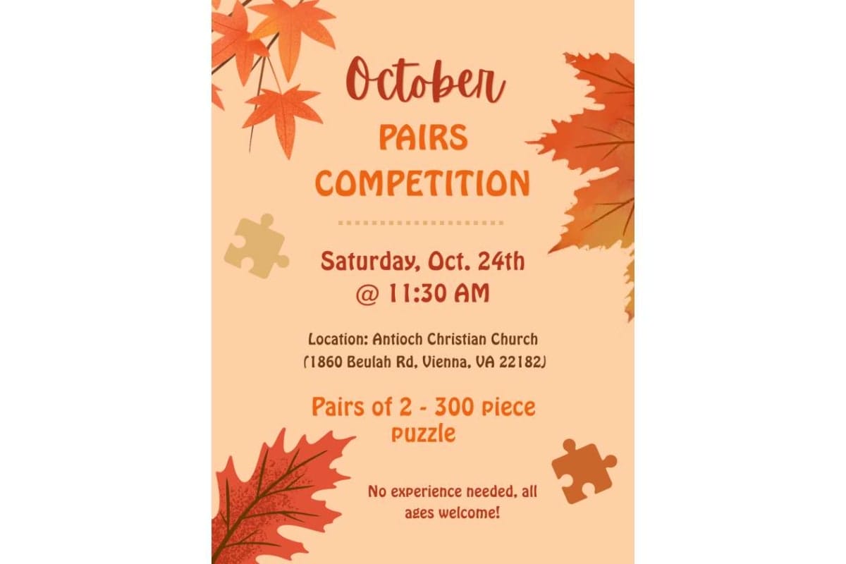 Autumn-themed poster for October Pairs Competition: Oct 24, 11:30 AM, Antioch Christian Church, Vienna VA; 2–300 piece puzzle; all ages.