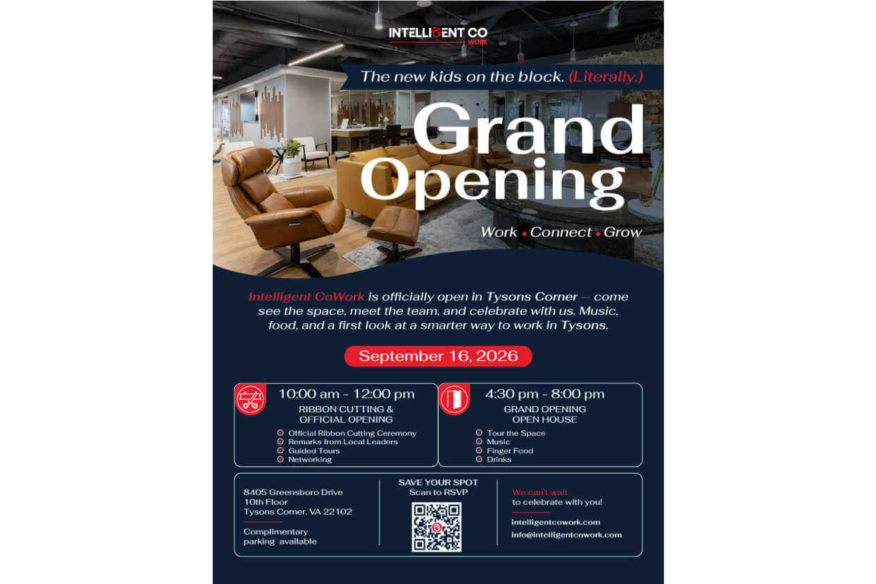 Promotional flyer for Intelligent CoWork grand opening on Sept 16, 2026, showing a modern office lounge and event schedule.