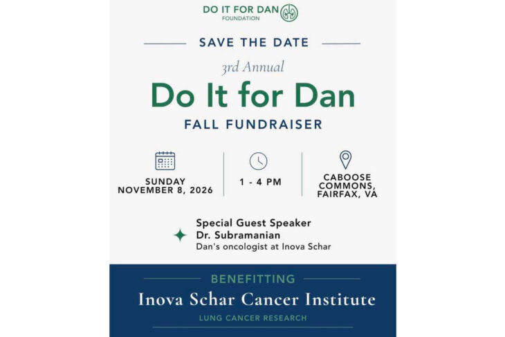 Save the Date flyer for Do It for Dan Foundation fall fundraiser; Dr. Subramanian guest speaker; Sunday, November 8, 2026, 1–4 PM, Caboose Commons, Fairfax, VA; benefiting Inova Schar Cancer Institute.