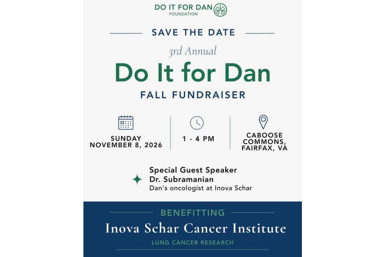 Save the Date flyer for Do It for Dan Foundation fall fundraiser; Dr. Subramanian guest speaker; Sunday, November 8, 2026, 1–4 PM, Caboose Commons, Fairfax, VA; benefiting Inova Schar Cancer Institute.