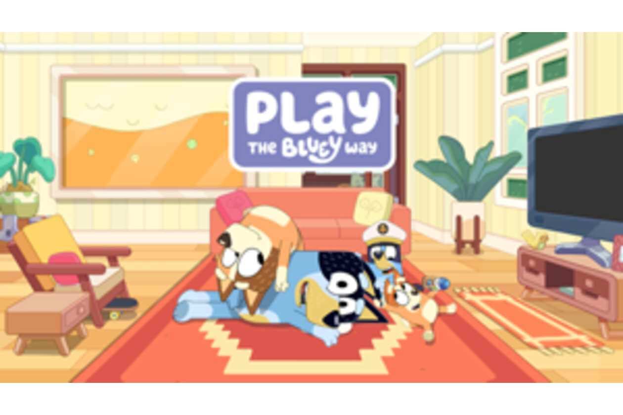 Cartoon living room with a red rug and several playful characters resting on it under a sign that says, 'Play The Bluey Way'.