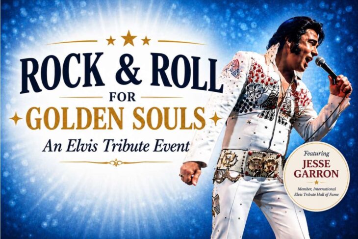 Poster for Rock & Roll for Golden Souls, an Elvis tribute event featuring Jesse Garron, with a dressed Elvis performing on a blue starry background.