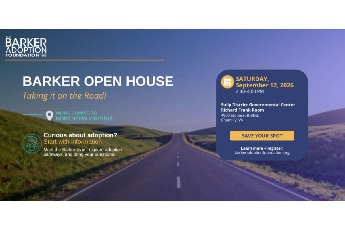 Banner for Barker Open House: a road through rolling hills on the left with event details on a blue panel on the right, including date, time, and location.”]} Wait formatting. Let's correct.