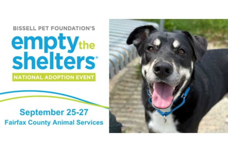 Banner for Bissell Pet Foundation's Empty the Shelters National Adoption Event; smiling dog on the right, dates Sept 25–27 at Fairfax County Animal Services.