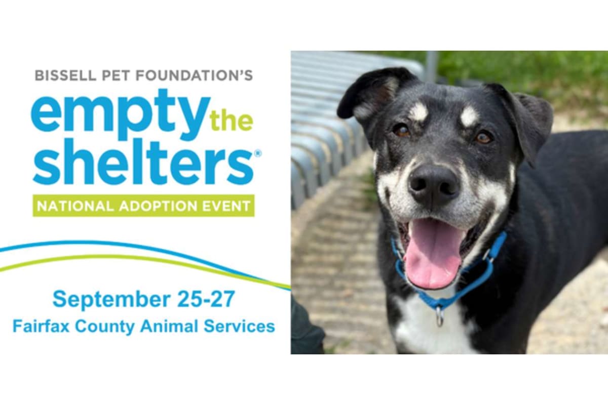 Banner for Bissell Pet Foundation's Empty the Shelters National Adoption Event; smiling dog on the right, dates Sept 25–27 at Fairfax County Animal Services.