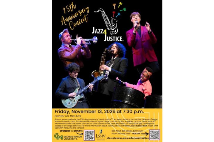 Promotional poster for Jazz4Justice 25th Anniversary Concert featuring five musicians (trumpet, saxophone, guitar, drums) on stage; event date and venue details at bottom: Friday, November 13, 2026 at 7:30 p.m., Center for the Arts.