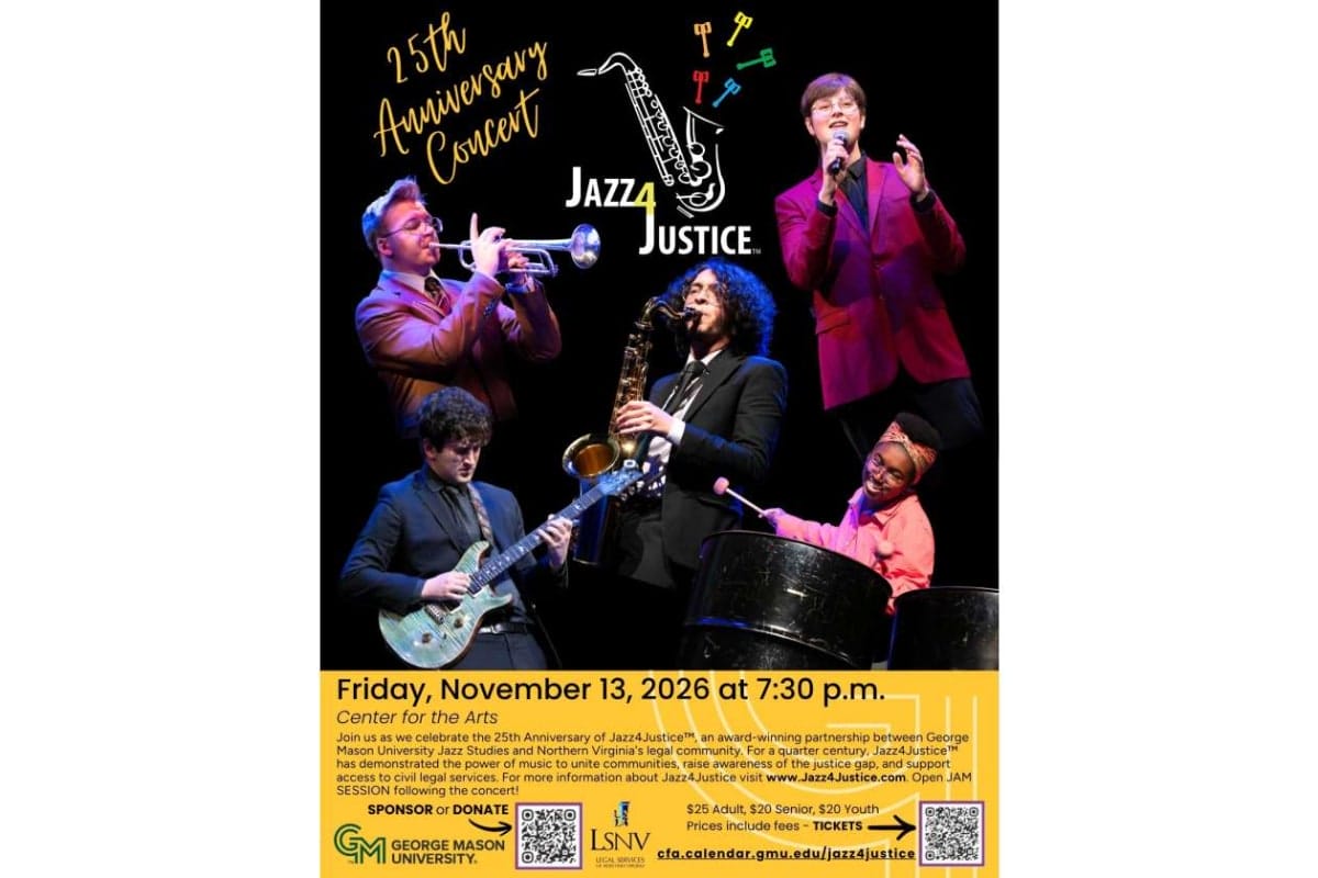 Promotional poster for Jazz4Justice 25th Anniversary Concert featuring five musicians (trumpet, saxophone, guitar, drums) on stage; event date and venue details at bottom: Friday, November 13, 2026 at 7:30 p.m., Center for the Arts.