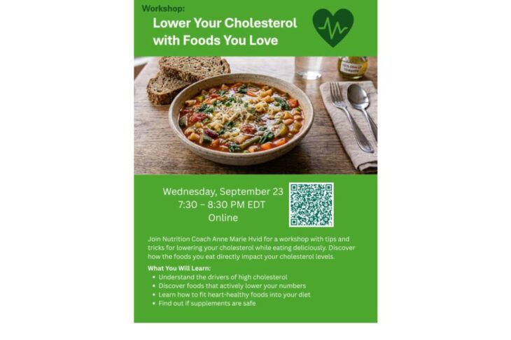 Promotional flyer for an online workshop to lower cholesterol with foods you love; shows a soup bowl with bread, date/time, QR code, and learning goals.