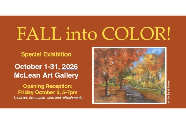 Poster for 'Fall into Color!' autumn art exhibition at McLean Art Gallery, Oct 1–31, 2026; includes a framed autumn landscape painting.