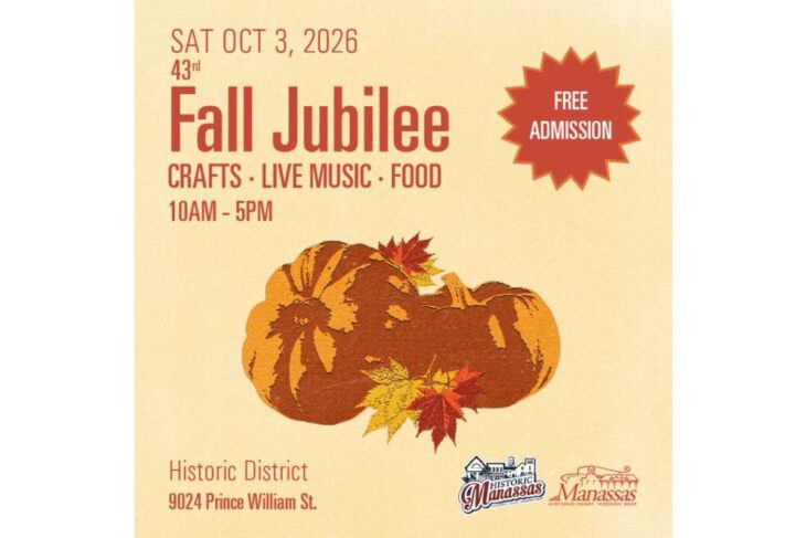 Fall Jubilee event poster with pumpkins and autumn leaves, advertising crafts, live music, food, and free admission on Oct 3, 2026 (10am–5pm).