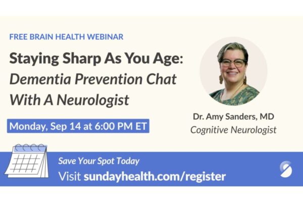 Banner advertising a free brain health webinar: Staying Sharp As You Age with Dr. Amy Sanders, Monday Sep 14 at 6:00 PM ET.