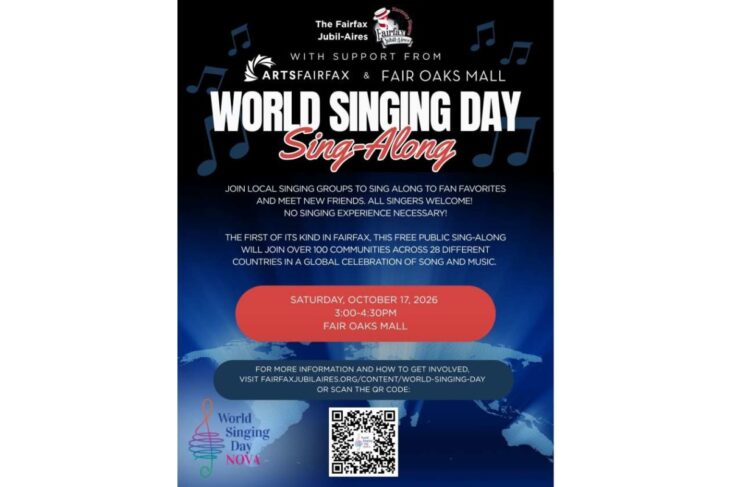 Poster for World Singing Day Sing-Along event at Fair Oaks Mall on Oct 17, 2026, 3:00–4:30 PM; includes QR code for details.