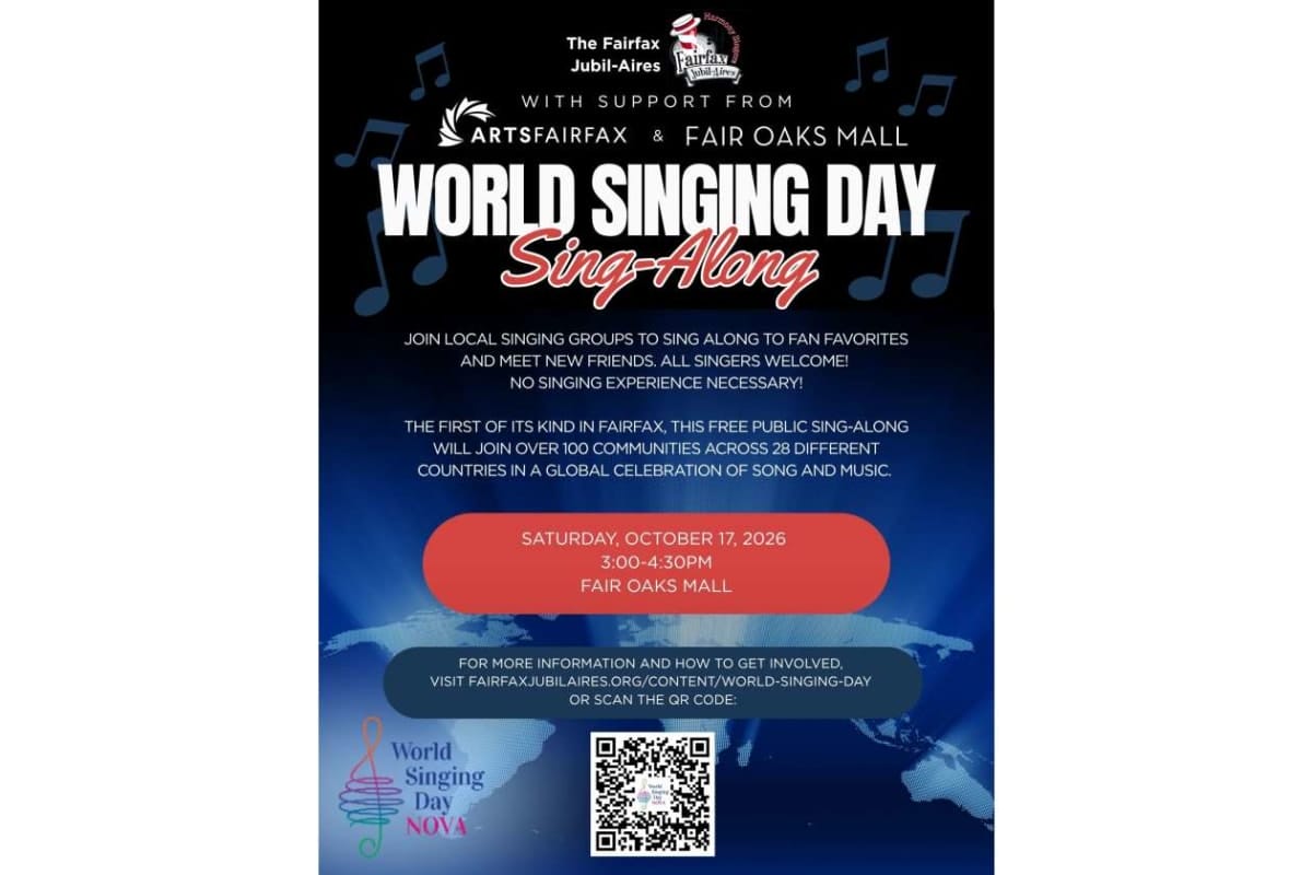 Poster for World Singing Day Sing-Along event at Fair Oaks Mall on Oct 17, 2026, 3:00–4:30 PM; includes QR code for details.