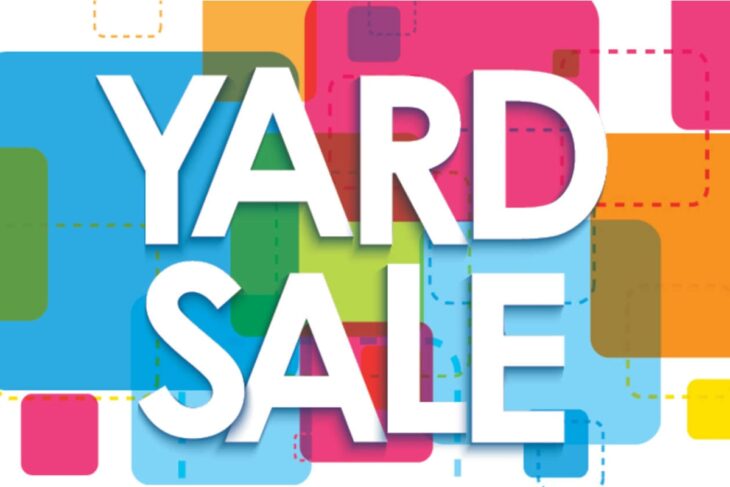 Bold white letters spelling YARD SALE over a multicolored abstract background.