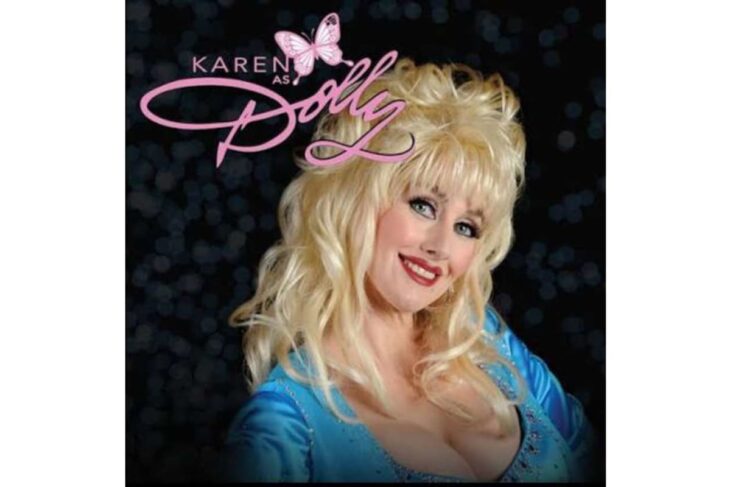 Portrait of Karen as Dolly Parton, smiling in a blue sequined outfit with a pink 'Karen as Dolly' logo against a dark background