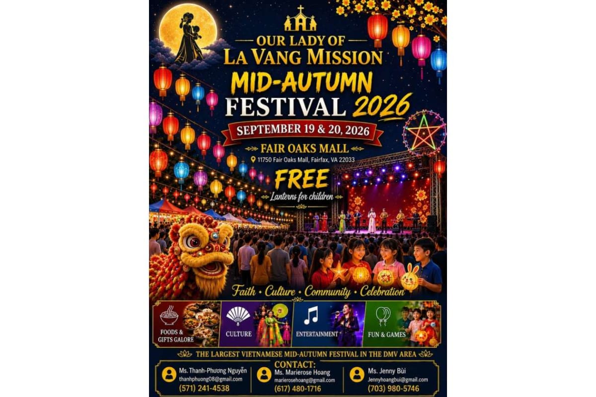 Poster for Our Lady of La Vang Mission Mid-Autumn Festival 2026 with lanterns, moon, and stage performances; event dates and location listed: Sept 19–20, 2026 at Fair Oaks Mall, Fairfax VA.