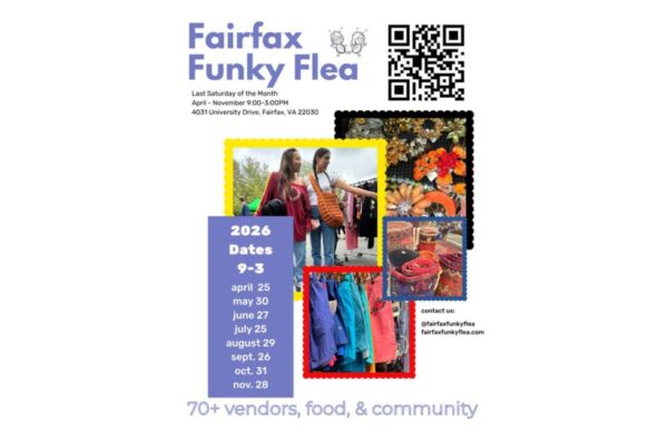Poster for Fairfax Funky Flea: 70+ vendors and community event with a QR code and collage of clothes and crafts. Dates listed in 2026 are shown on the left.