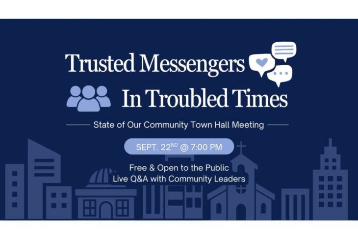Banner promoting a community town hall: 'Trusted Messengers In Troubled Times'; Sept. 22 at 7:00 PM; free and open to the public with live Q&A.