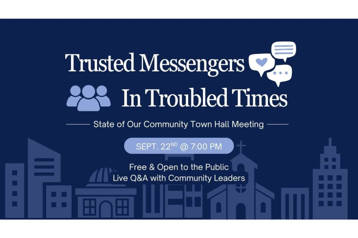 Banner promoting a community town hall: 'Trusted Messengers In Troubled Times'; Sept. 22 at 7:00 PM; free and open to the public with live Q&A.