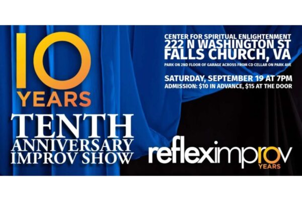 Promotional poster for Reflex Improv’s 10th anniversary show with a blue curtain background and event details (Falls Church, VA).