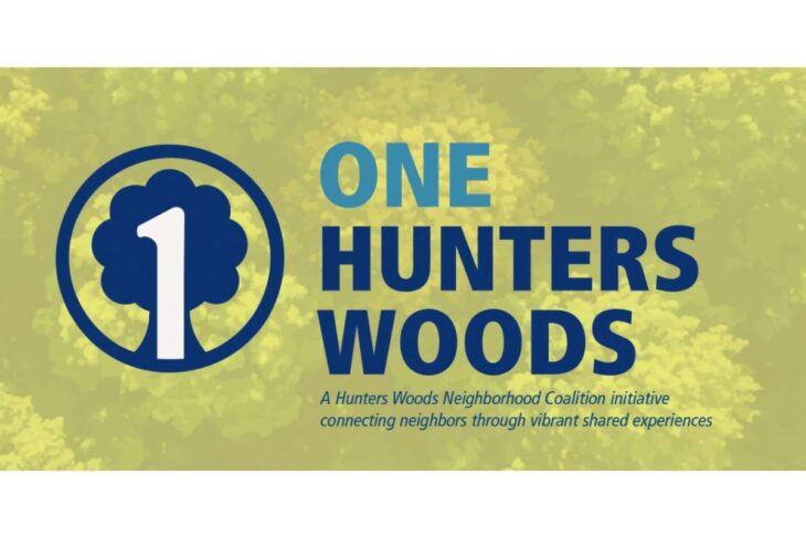 Logo for One Hunters Woods: circular blue tree emblem with a white '1' beside bold blue text on a yellow-green background.