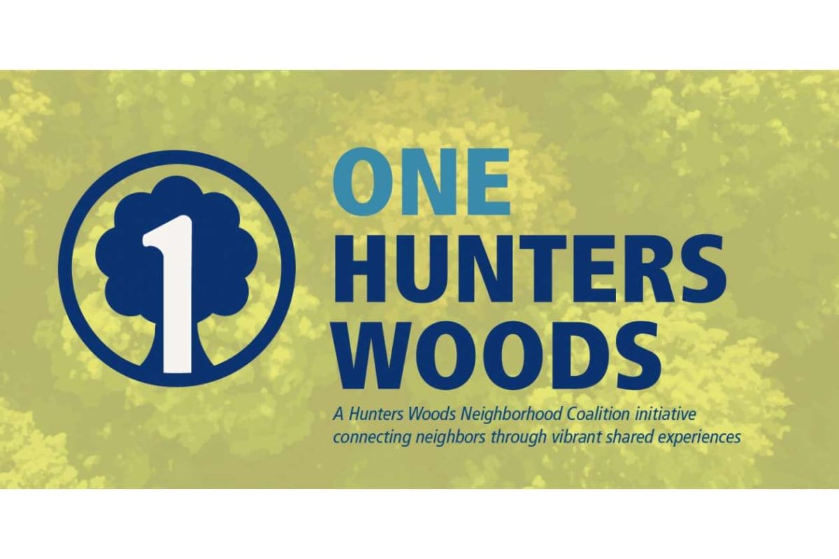 Logo for One Hunters Woods: circular blue tree emblem with a white '1' beside bold blue text on a yellow-green background.