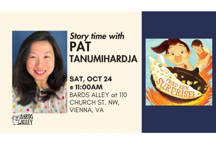 Poster for 'Story time with Pat Tanumihardja' featuring speaker photo on the left, event title and details in the center, and a 'Fried Rice Surprise' cartoon on a dark panel to the right.
