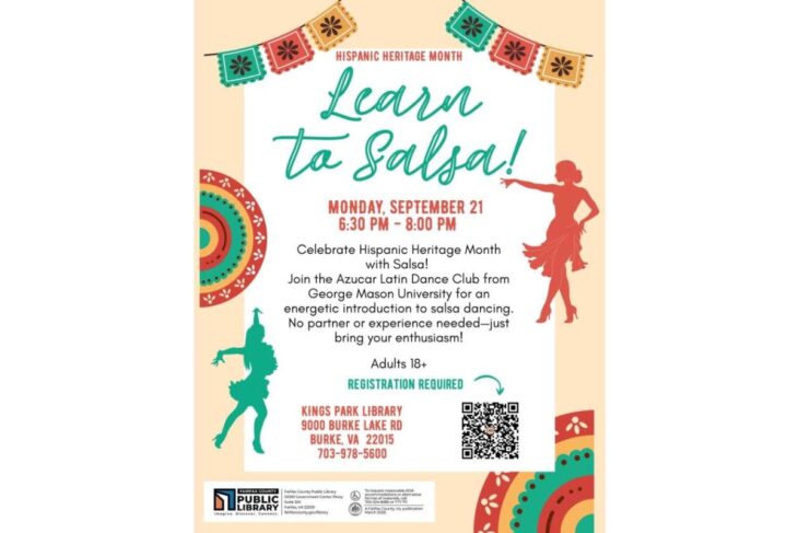 Hispanic Heritage Month poster: Learn to Salsa! Sept 21, 6:30–8 PM at Kings Park Library, Burke VA; adults 18+, registration required; QR code on poster.