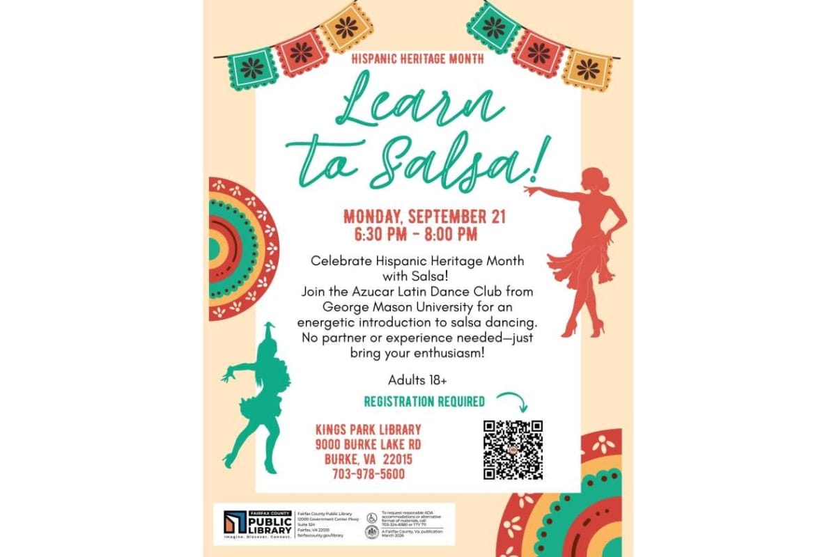 Hispanic Heritage Month poster: Learn to Salsa! Sept 21, 6:30–8 PM at Kings Park Library, Burke VA; adults 18+, registration required; QR code on poster.