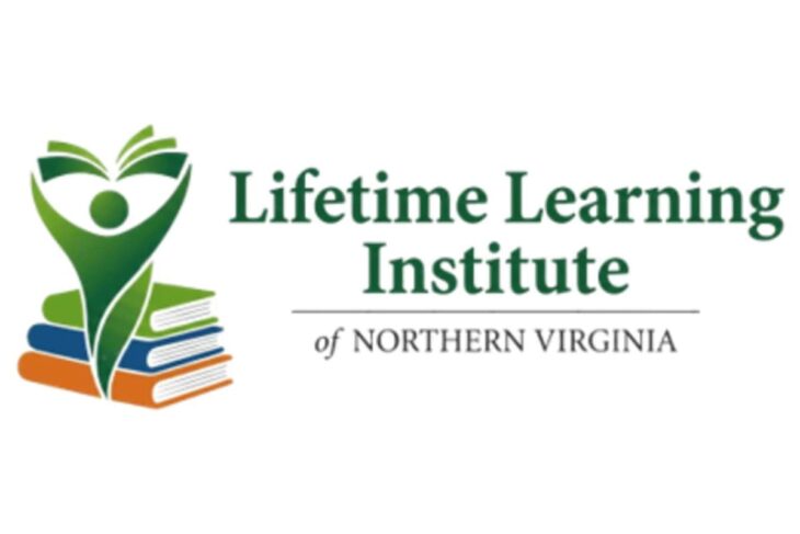 Lifetime Learning Institute of Northern Virginia logo: green figure rising from a stack of colorful books (orange, blue, green) with open-book motif above.
