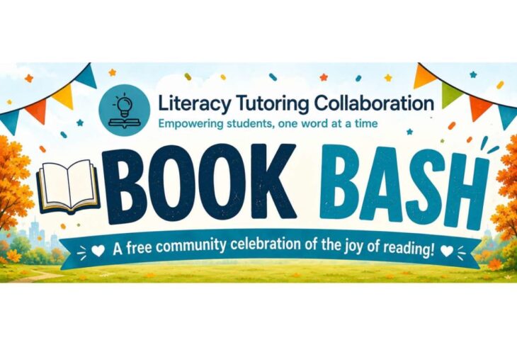 Banner for Literacy Tutoring Collaboration's Book Bash: a free community celebration of reading outdoors by the park/field edge.