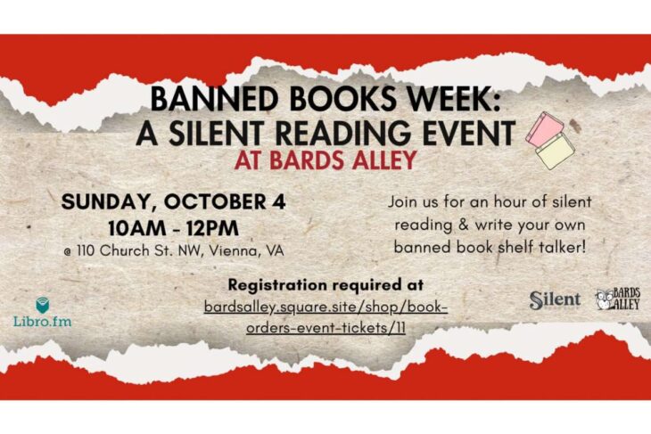 Poster announcing Banned Books Week silent reading event at Bards Alley, Vienna VA, Oct 4, 10am–12pm; registration link provided.