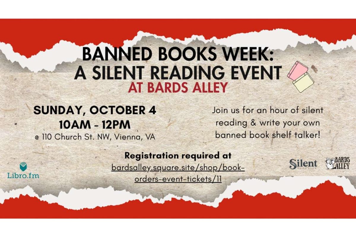 Poster announcing Banned Books Week silent reading event at Bards Alley, Vienna VA, Oct 4, 10am–12pm; registration link provided.