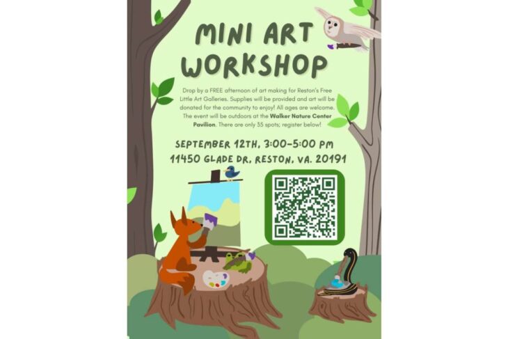 Poster advertising a Mini Art Workshop in a forest scene with animals; includes date, time, address, and a QR code.