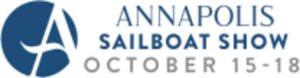 Logo for the Annapolis Sailboat Show with a blue circular emblem and text: 'ANNAPOLIS SAILBOAT SHOW' and the dates 'OCTOBER 15-18'