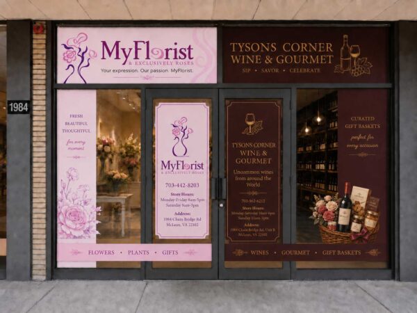 Storefront signage for MyFlorist and Tysons Corner Wine & Gourmet, with pink floral branding and glass doors displaying flowers inside and a wine display.