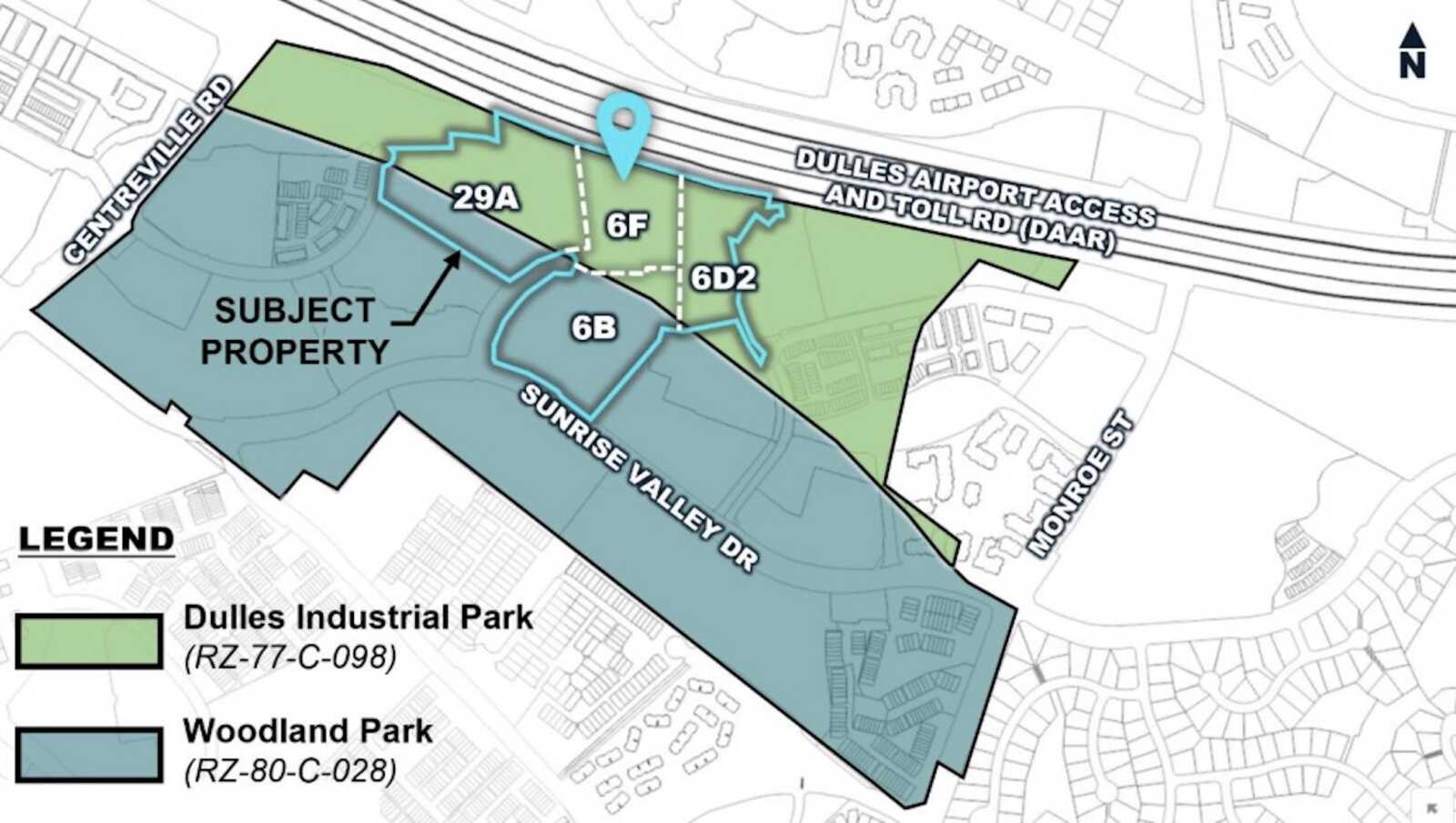 Woodland Park | FFXnow Map showing Dulles Industrial Park and Woodland Park with parcel outlines and major roads ( Sunrise Valley Dr, Dulles Airport Access Rd).