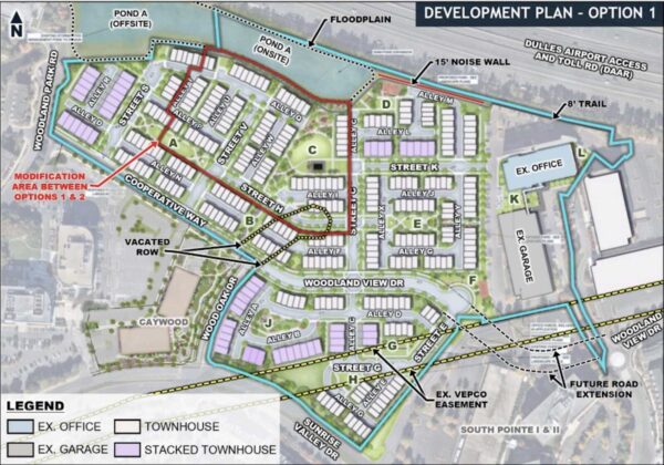 Development plan map labeled 'Option 1' showing streets A–L, zones A–F, ex-office and ex-garage buildings, and planned road extensions around Woodland Park and Sunrise Valley Drs.