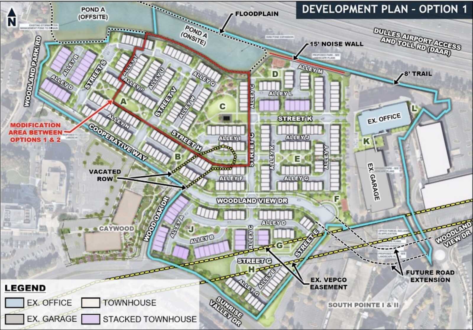 Development plan map labeled 'Option 1' showing streets A–L, zones A–F, ex-office and ex-garage buildings, and planned road extensions around Woodland Park and Sunrise Valley Drs.