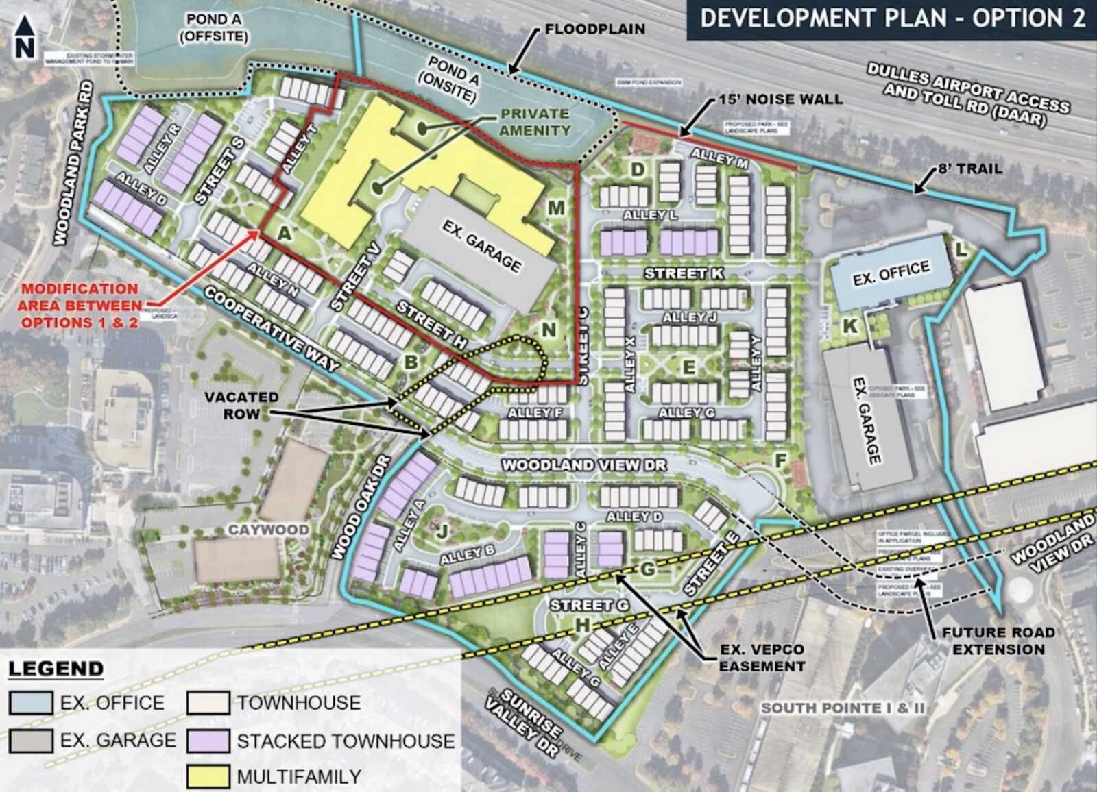 Color‑coded development plan showing ex. office, ex. garage, stacked townhouses and multifamily blocks with street layout and boundaries.
