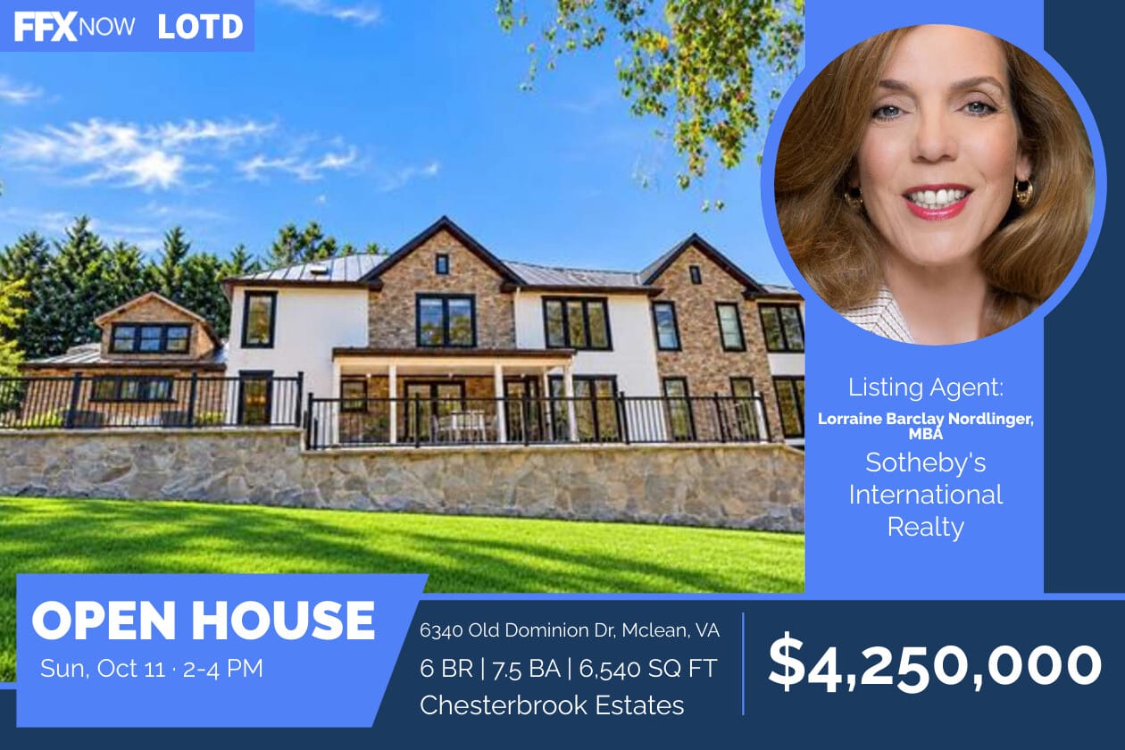 Real estate listing graphic: large image of a modern house with an Open House banner, price $4,250,000, and agent photo on the right.