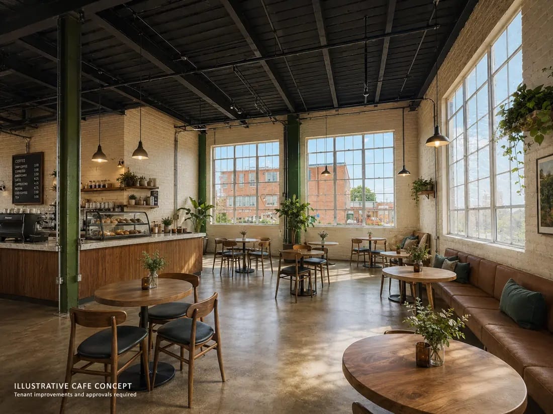 The Commons Mount Vernon cafe rendering (courtesy Southeast Fairfax Development Corporation) | FFXnow Industrial-style cafe interior with wooden tables, chairs, and a long counter; large brick walls and oversized windows letting in daylight.