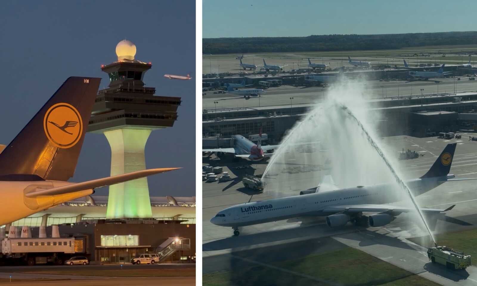 The final Lufthansa A340-600 flight flies past an air control tower and gets a water cannon salute at Dulles International Airport (courtesy Metropolitan Washington Airports Authority) | FFXnow Lufthansa aircraft tail with logo at dusk beside a lit control tower and terminal activity in the foreground.