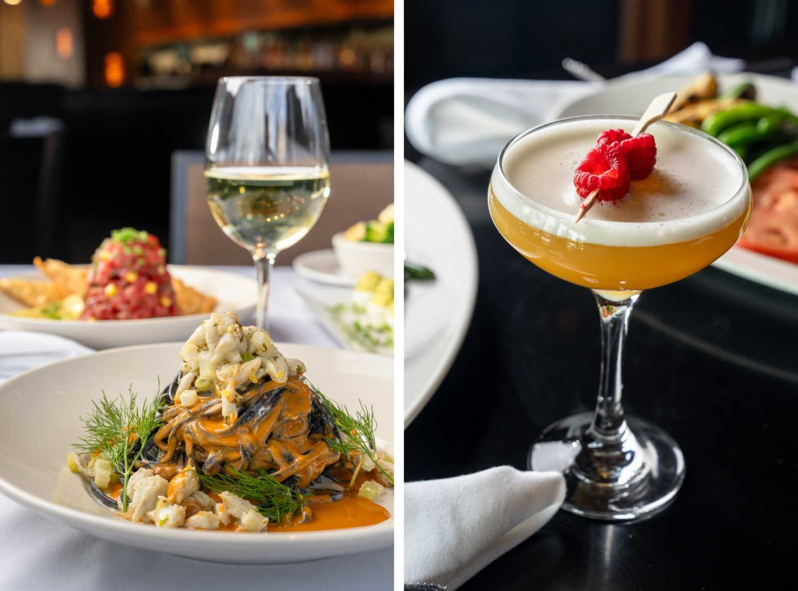 Crab linguine and a cocktail from Glenwood's (photos by Steve Vlint) | FFXnow Two-panel dining scene: left shows a plated seafood dish with orange sauce and a wine glass; right shows a frothy yellow cocktail garnished with a raspberry in a coupe glass.