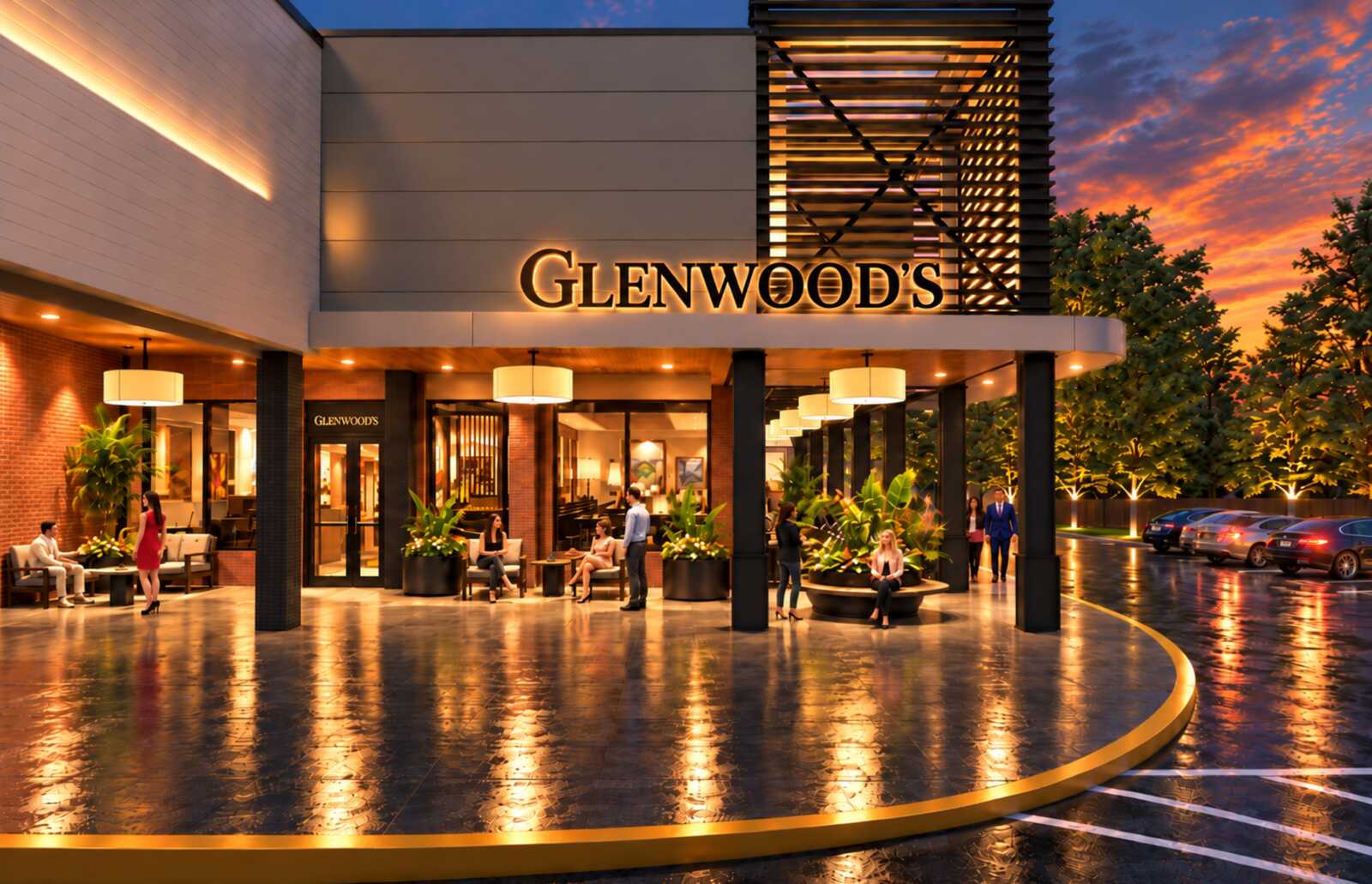 Hotel entrance at Glenwood's with warm lights, people lounging outside under a covered walkway at sunset.