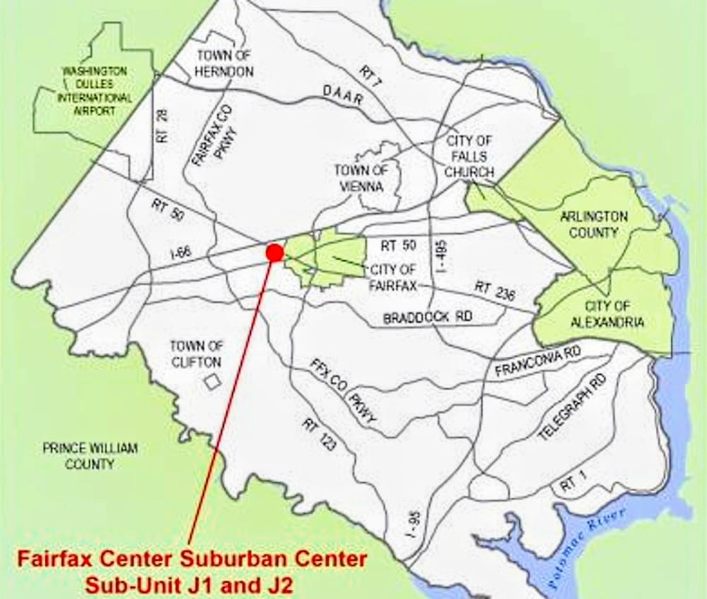 Location of Fairfax Center Suburban Center (via Fairfax County) | FFXnow Map highlighting Fairfax Center Suburban Center (J1/J2) with a red line from the southwest into central Fairfax, showing nearby towns (Falls Church, City of Fairfax) and roads (RT 50, Braddock Rd).